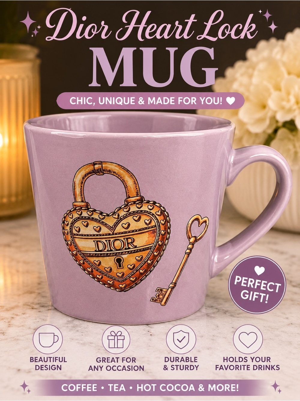 Dior Lavender Ceramic Mug with Gold Heart Lock Motif